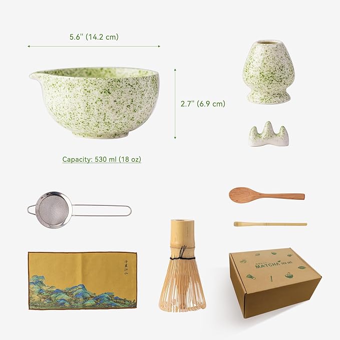 Matcha Whisk Set, Green Speckled Ceramic Matcha Bowl with Spout, Bamboo Whisk & Holder – 8-Piece Making Kit for Home, Yoga & Gifts – Matcha Lovers & Japanese Tea Culture