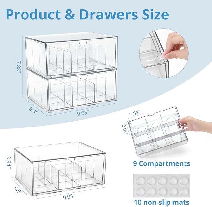 2 Large Acrylic Tea Bag Organizer, 9 Grids Tea Organizers and Storage with Acrylic Drawers Stackable, Teabag Holder Organizer for Counter Countertop Kitchen Cabinet
