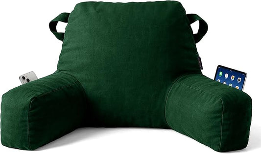 Portable Comfy Reading Pillows for Bed Sitting Up(Dark Green Oeko-Tex), Velvet Back Pillow with Arms & Pockets for Adults, Support Memory Foam Bed Pillow for Dorm/Reading/Watching/Gaming
