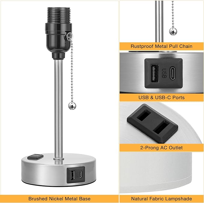 Grey Bedroom Lamp for Nightstand - 3 Color Temperature Table Lamp with USB C and A Ports, Pull Chain Bedside Lamp with AC Outlet, Desk Lamp with Silver Metal Base for Kids Girls