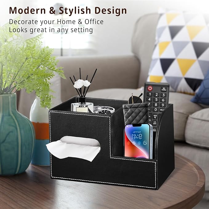 Leather Square Tissue Box Cover with Storage Tray,Cube Tissue Box Holder,Modern Facial Paper Organizer with Remote Control Holder for Bathroom,Vanity Countertop,End Table NightStand Home Office.Black