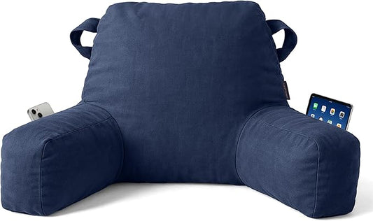 Portable Comfy Reading Pillows for Bed Sitting Up(Royal Blue Oeko-Tex), Velvet Back Pillow with Arms & Pockets for Adults, Support Memory Foam Bed Pillow for Dorm/Reading/Watching/Gaming