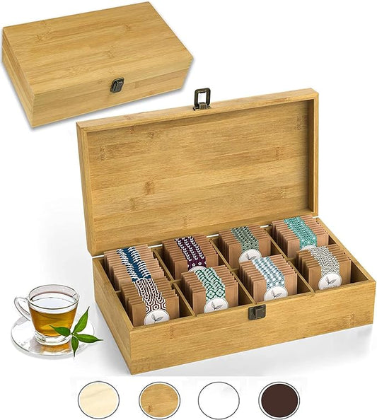 Bamboo Tea Organizer Box Chemical Free Eco-Friendly Big, Tall, Adjustable Cubbies Natural Wooden Storage Chest (8-Slot 14.3" x 8.1" x 4.2" Blank)