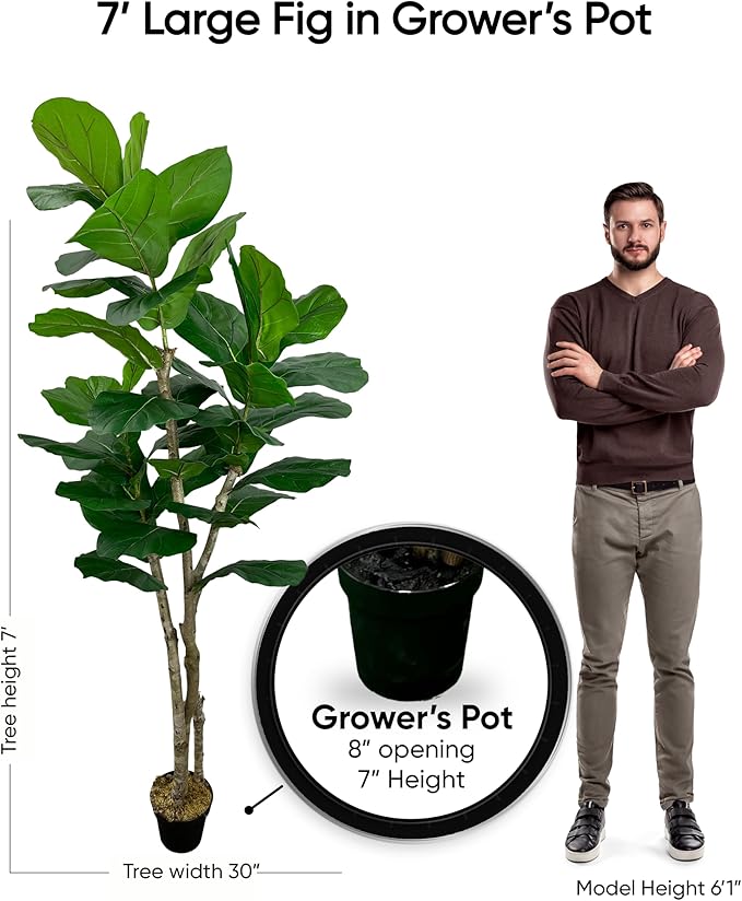 Cypress & Alabaster Handmade 7ft Oversized Fiddle Leaf Fig Ficus Lyrata Artificial Tree with Ethically Sourced Real Wood Trunks, Hypoallergenic, 7-Foot, Green