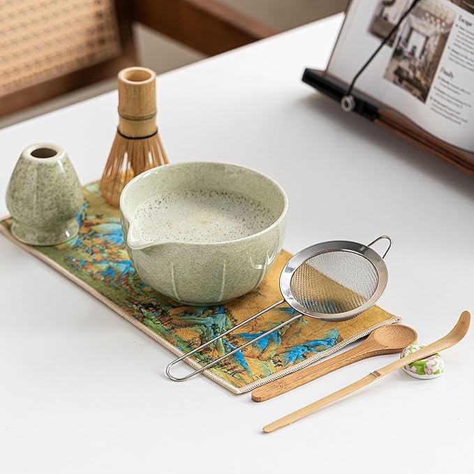 Ceramic Matcha Whisk Set, Complete Matcha Set-8PCS for Ceremonial Grade Matcha, Tea Gifts for Tea Lovers for Christmas, Birthday, Halloween (Matcha Color)