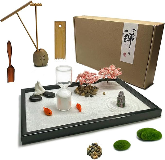 Desktop Zen Garden with Refillable Hourglass and Variety of Accessories, Meditation Mini Zen Decor for Home & Office, Mini Sand Garden Kit for Desk