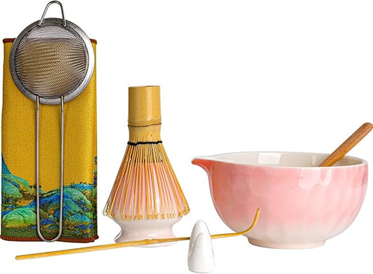 Matcha Whisk Set, Pink Ceramic Matcha Bowl with Spout, Bamboo Whisk, Sifter – 8-Piece Matcha Kit for Home, Yoga & Gifts – Matcha Lovers & Japanese Tea Culture