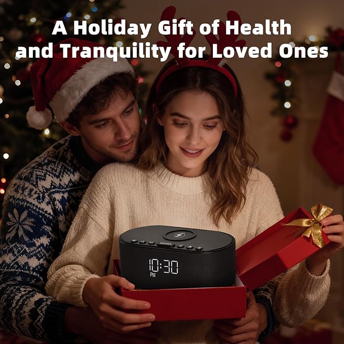 Sound Machine Alarm Clock for Bedrooms: Bluetooth 10W Stereo Sound Speaker with Wireless Charging - White Noise Machine for Sleeping with 21 Soothing Sounds - Black