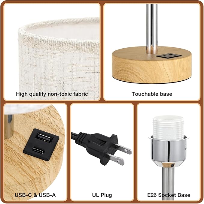 Touch Bedside Table Lamp with USB - 3 Way Dimmable Wood Lamp for Bedroom Nightstand, Desk Lamp with Charging Station for Dorm, Living Room, Office, Kids Room, Small, 14in