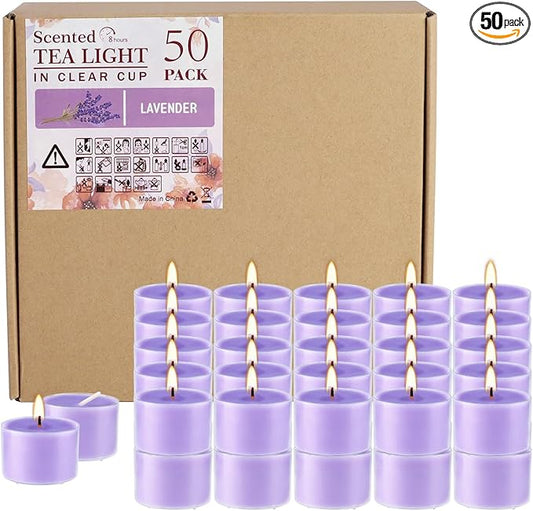 50 Pack Bulk Lavender Scented Tealight Candles in Clear Cup, Purple Wax Votive Candle for Birthdays Weddings Churches Anniversaries & More（8 Hour）