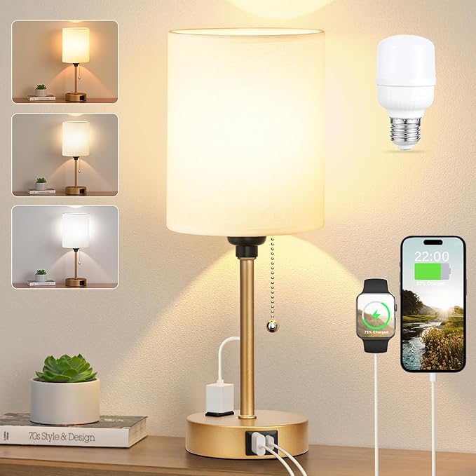 Dicoool Small Bedside Lamps 3 Color Modes - 3000K 4000K 5000K Bedroom Lamps with USB C and A Ports, Pull Chain Gold Table Lamps with AC Outlet, Nightstand Lamps with Gold Metal Base for Kids Reading