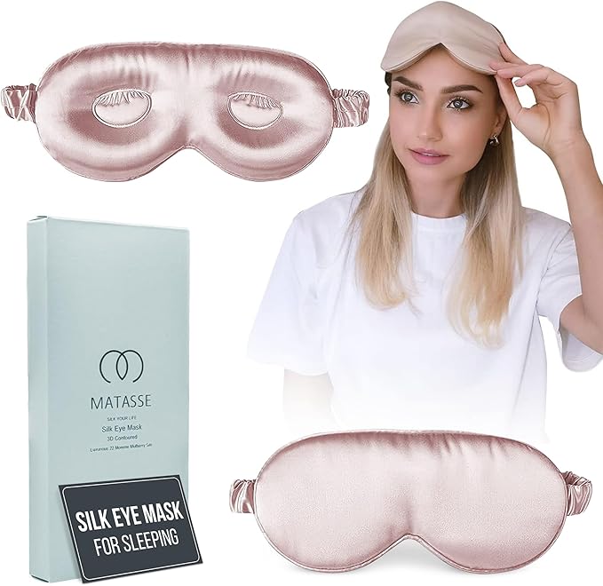 MATASSE Silk Eye Mask for Sleeping with Adjustable Elastic Band - 3D Contoured, Eye Cover Sleep Mask w/Genuine Mulberry Silk Including The Strap for Women, Men (Pink)