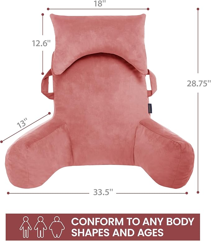 Portable Reading Pillows with Headrest for Bed Sitting Up(Dark Pink Oeko-Tex), Velvet Back Pillow with Arms & Pockets for Adults, Support Memory Foam Bed Pillow for Dorm/Watching/Gaming