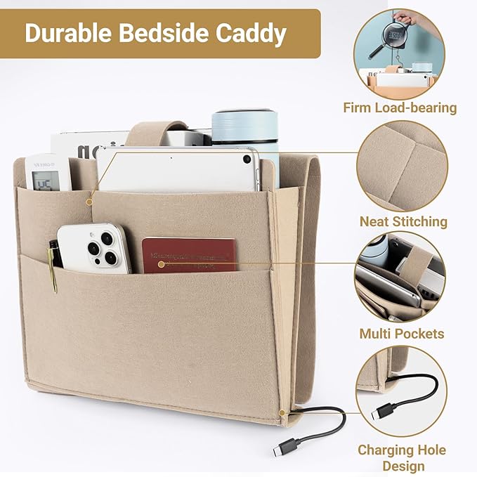 Seefoo Bedside Caddy, Large Bed Caddy Organizer with Cord Slit, Magazine Holder for Books, Remotes, Bunk Bed Storage Pocket with Strong-Grip Loop Tape Sticky for Dorm, Bedroom, Sofa Beige