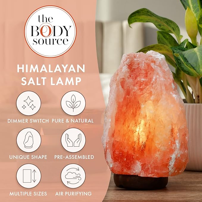 The Body Source Himalayan Salt Lamp | 8-10 in (7-11 lb) | Natural Salt Rock Lamp with Dimmer Switch & Wooden Base | Night Light & Bulb Replacement