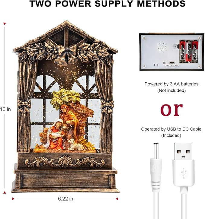 Christmas Snow Globe Lighted Manger Nativity Scene, Musical Holy Family Water Creche Play Silent Night Music in Swirling Glitter, Holiday Decorations Gifts for Family, Children or Friends