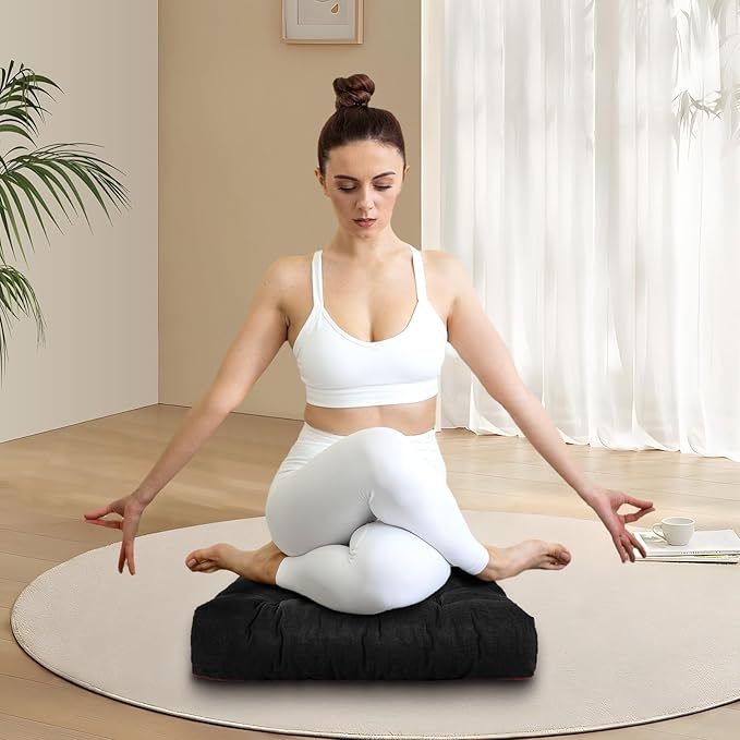 Meditation Floor Cushions, Thickened Floor Pillow for Adults, Large Square Pillows Seat Cushion for Tatami Living Room Yoga, Memory Sponge Block Added, 22x22 Inch, Black