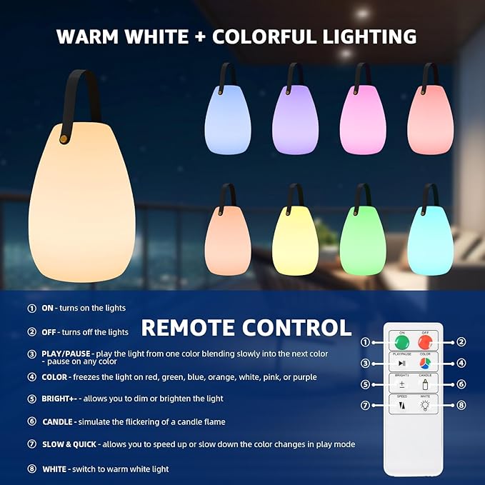uuffoo Portable Outdoor Table Lamp - Dimmable Rechargeable Night Lights w/Remote and 7 RGB Colors, IP44 Water-Resistant Hanging Lantern for Patio, Tent, Bedroom, Garden, Emergency