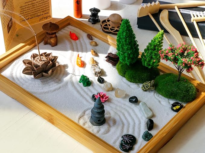 Tabletop Zen Garden Kit Set - Mini Rock Sand Garden Zen Gift Set for Home Office Desk Japanese Decor 7 Zen Tools Mini Rakes 21 Accessories Bamboo Sand Tray Therapy Desktop Meditation Room Gifts