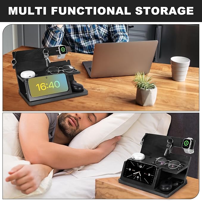 Gifts for Men 3-in-1 Charging Stand Compatible with iPhone 16 Charger Station, Nightstand Organizer Wood, Fathers Day Perfect for Dad Husband Boyfriend Son, for iPhone 16/15/14/13/12 and Pro, Watch