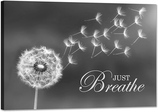 SKASNFAI Black and White Dandelion Zen Wall Art Canvas Just Breathe Motivation Positive Picture Art Print for Spa Yoga Meditation Wall Decor Ready to Hang (24L x 36W)