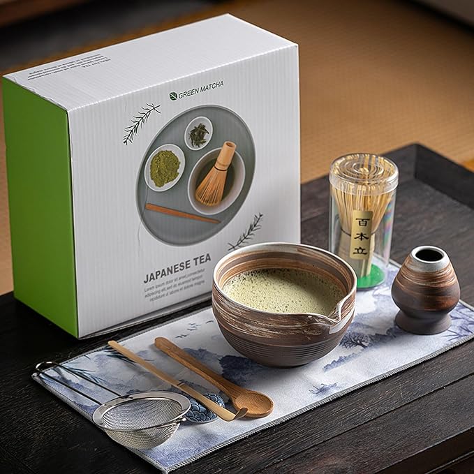 Ceramic Matcha Whisk Set, Complete Matcha Set-8PCS for Ceremonial Grade Matcha, Tea Gifts for Tea Lovers for Christmas, Birthday, Halloween (Stoneware)