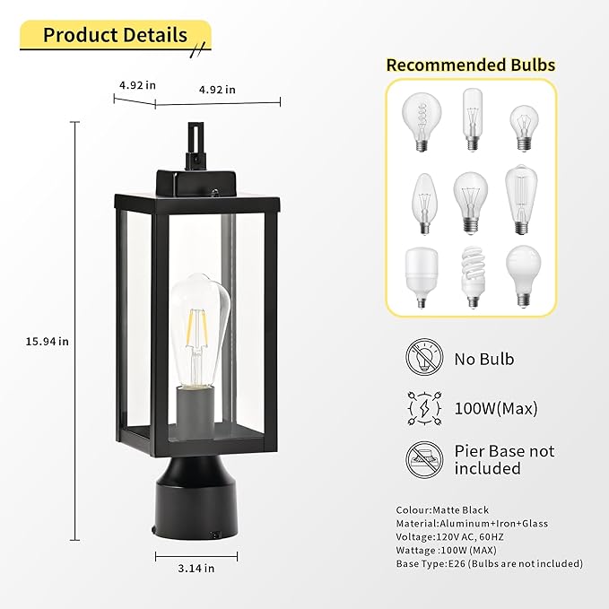 Outdoor Post Light Anti-Rust Lamp Post Lights Fixture Waterproof Exterior Lighting Lamp Post Outdoor Pole Light for Yard Pathway Driveway Fence