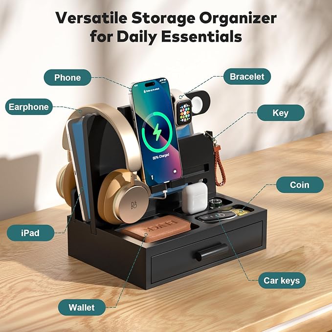 Sephyroth Bamboo Phone Docking Station Nightstand Organizer Bedside Organizer Cell Phone Stand Gifts for Men, Dad Gifts for Boyfriend Gift for Husband with Drawer Storage (Black)