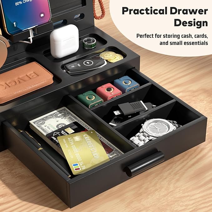 Sephyroth Bamboo Phone Docking Station Nightstand Organizer Bedside Organizer Cell Phone Stand Gifts for Men, Dad Gifts for Boyfriend Gift for Husband with Drawer Storage (Black)