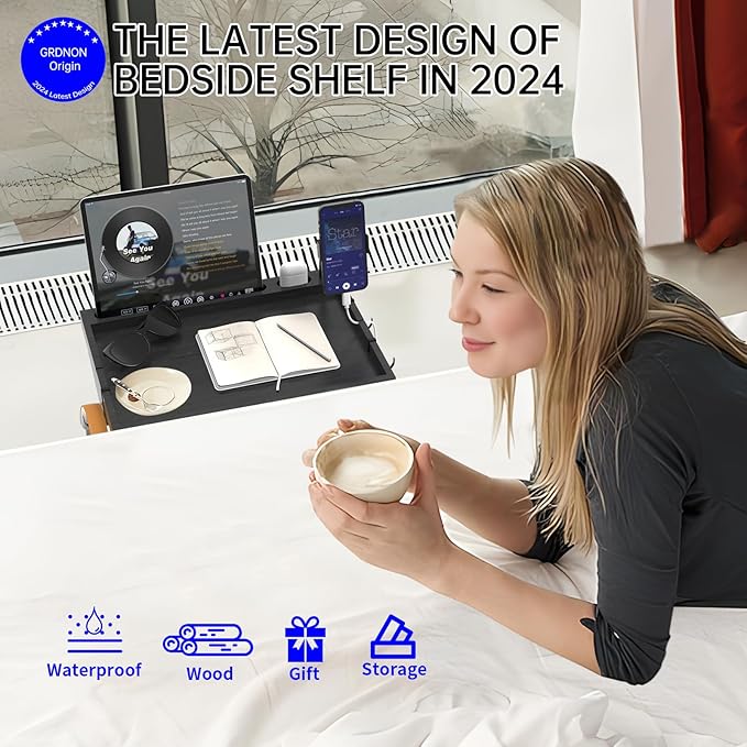 Bedside Shelf with Phone Holder for Bed, ‎Bamboo Bed Shelf Organizer for Top Bunk, Clip on Nightstand for College Dorm Loft Bed, Bedside Tray for Kids, Built Earphones & Tablet Slot