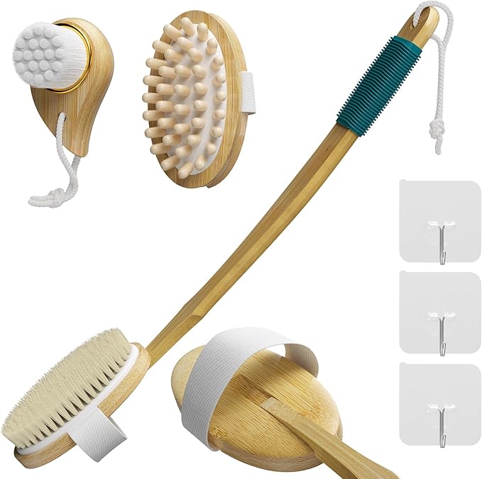 Readaeer Bamboo Bath Brush Set, Long Handles with 2 Removable Brush Heads, Bristle Bristles/Wood Massage Particles, Fine Soft Brush, 3 Brush Heads