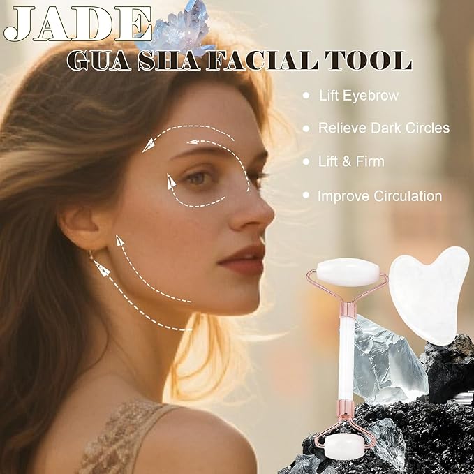 Jade roller and gua sha, facial roller, women's skincare tool, self-care gift, face, eye, neck massager, relieves fine lines and wrinkles, aventurine, opal, rose quartz