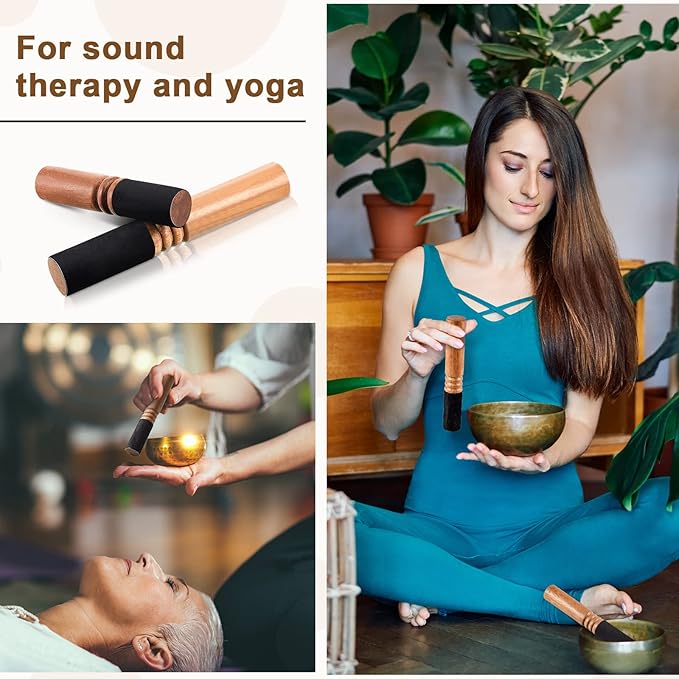 Nuanchu 2 Pieces Tibetan Singing Bowl Mallet Suede Wooden Striker Leather Wrapped Meditation Mallet Sound Bowl Stick Buddha Musical Instruments for Buddhist Meditation Yoga Chime (Black and Brown)