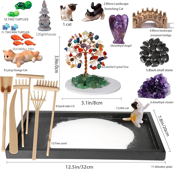 Zen Garden for Desk, with Crystals and Healing Stones & Cat Figurines, Miniature Meditation Sand Garden Stress Relief Desk Decor, Tools for Relaxation and Mindfulness