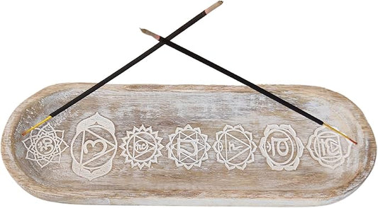 VANIYA CRAFTS® Wooden Handmade Symols Design Boat Shape Incense Holder Stand Insence Tray for Sticks Home Decor Restaurant (11X4,Antique White)