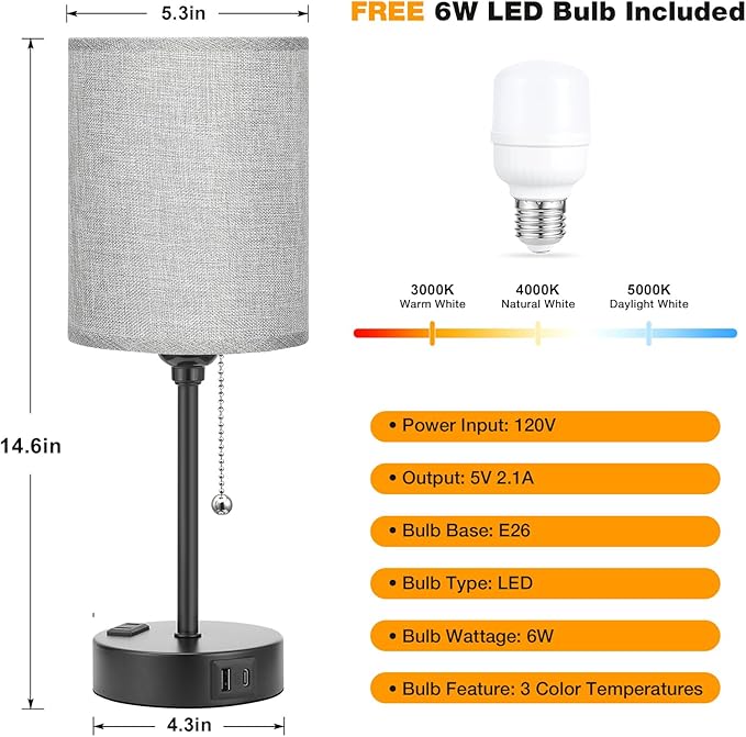 Grey Nightstand Lamps 3 Color Temperatures - 3000K 4000K 5000K Bedside Lamps with USB C and A Ports, Pull Chain Table Lamps with AC Outlet, Small Lamps with Black Metal Base for Sleeping Reading