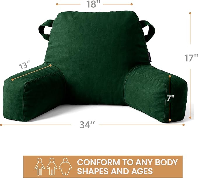Portable Comfy Reading Pillows for Bed Sitting Up(Dark Green Oeko-Tex), Velvet Back Pillow with Arms & Pockets for Adults, Support Memory Foam Bed Pillow for Dorm/Reading/Watching/Gaming