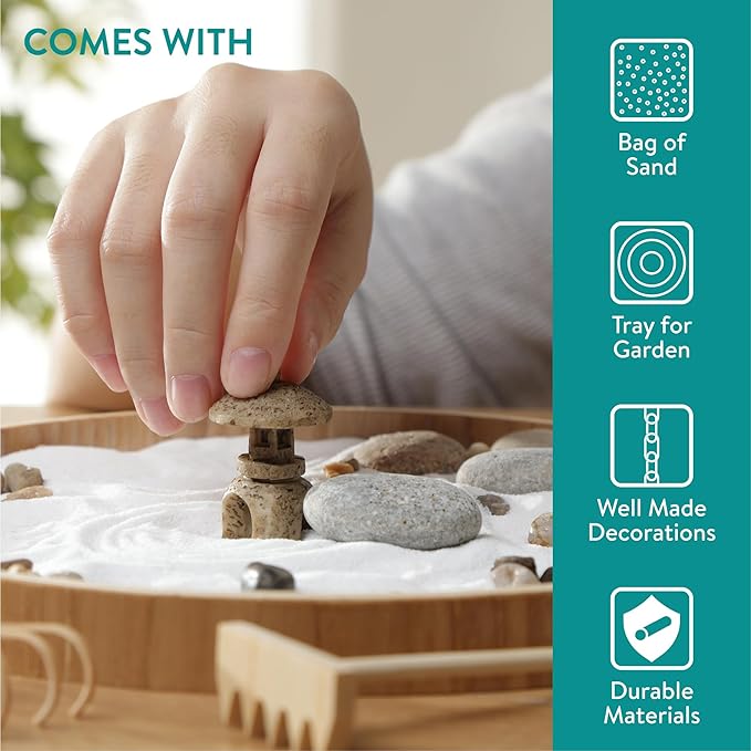 Navaris Zen Garden Kit - Mini Japanese Sand Garden - Miniature Meditation Stone Ornaments - Buddhist Gifts Complete Set - Round MDF Tray, White Sand