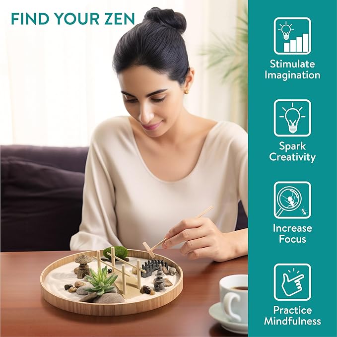 Navaris Zen Garden Kit - Mini Japanese Sand Garden - Miniature Meditation Stone Ornaments - Buddhist Gifts Complete Set - Round MDF Tray, White Sand