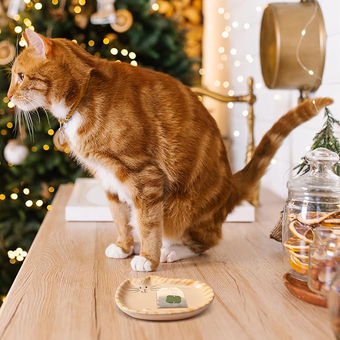 4 Inch Cat Tea Bag Holder Coaster Porcelain Ceramic Tiger Cats Tea Bag Saucer Spoon Rest Soap Dish Coaster for Kitten Lover Gifts Cute Home Parties Portable(Orange Tabby Cat)