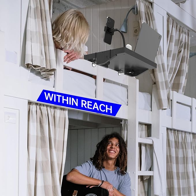 Bedside Shelf with Phone Holder for Bed, ‎Bamboo Bed Shelf Organizer for Top Bunk, Clip on Nightstand for College Dorm Loft Bed, Bedside Tray for Kids, Built Earphones & Tablet Slot