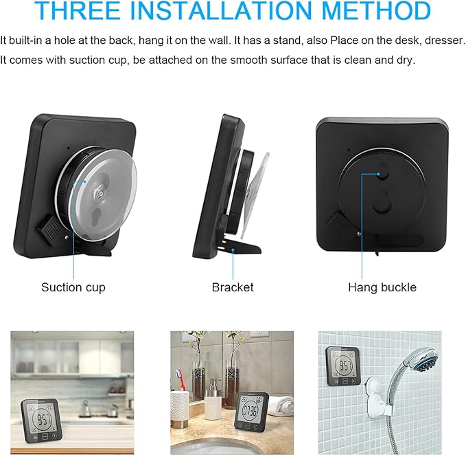 Digital Bathroom Shower LCD Wall Clock with Suction, Waterproof Temperature Humidity Gauge, Touch Screen Timer, Large Countdown Timer (Black)