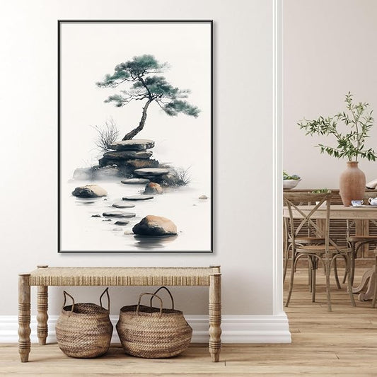 Zen Garden Canvas Wall Art, Zen Stone Canvas Wall Art, Zen Pictures Wall Art, Japanese Canvas Wall Art, Meditation Wall Art, Framed Canvas Print, Wall Art for Living Room, Zen Room (Black Framed, 24"x36"|62x92cm)