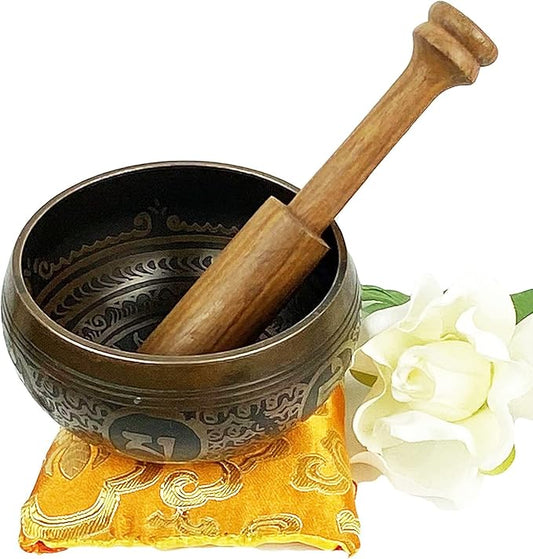 3382 SB Tibetan Auspicious Symbol Singing Bowl Set ~ Mallet Cushion Meditation Chakra Healing Prayer Yoga Mindfulness (SB-3382-F)