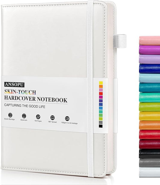 Lined Journal Notebook for Writing, A5 100 GSM Thick Paper, Leather Hardcover Journal for Woman Men, Travel Journal Diary 160 Pages(5.75'' X 8.38'' White)