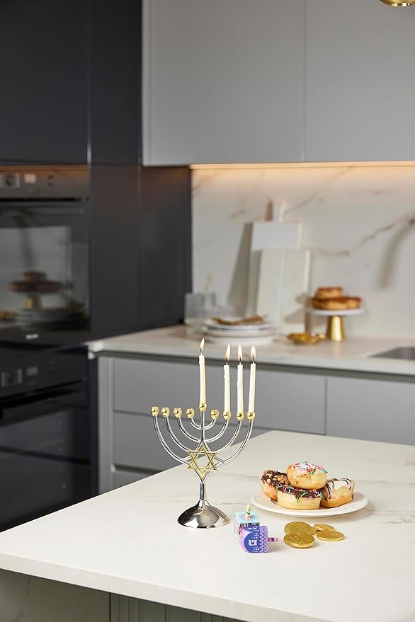 9 Branch Metal Menorah with Magen David: Modern, Elegant Jewish Hanukkah Replica Candelabra Candleholder Stand, 2-Toned Silver Gold Star Design