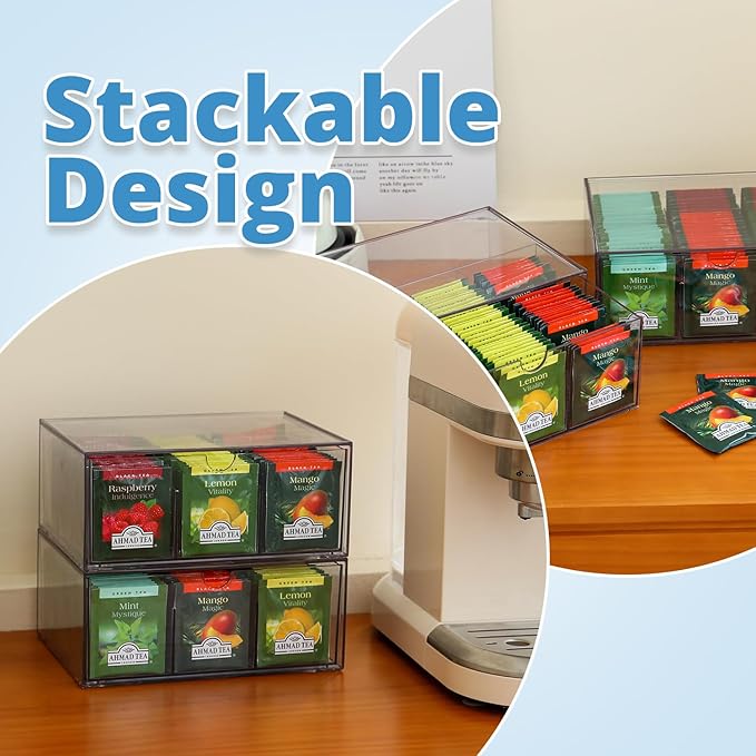 2 Large Acrylic Tea Bag Organizer, 9 Grids Tea Organizers and Storage with Acrylic Drawers Stackable, Teabag Holder Organizer for Counter Countertop Kitchen Cabinet