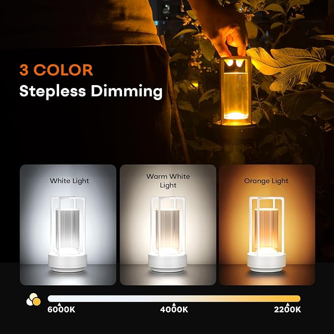 Portable Metal Table Lamp for Indoor/Outdoor ,Rechargeable Cordless LED Lamp, 3-Colour Infinitely Dimming Battery Powered Small Desk Lamp, Restaurant/Bedroom/Bar/Coffee/Camping Light (White Set of 2)