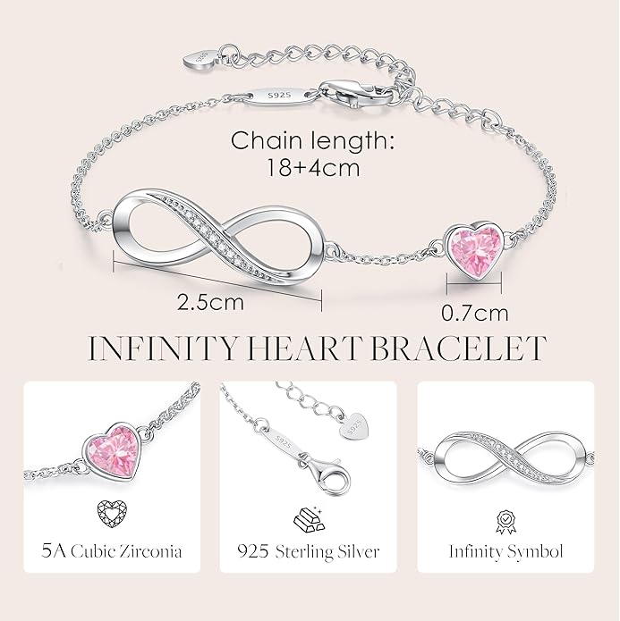 CDE Infinity Heart Birthstone Charm Link Bracelet for Women 925 Sterling Silver Adjustable Mother's Day Gift Anniversary Birthday Jewelry for Wife Girlfriend Her