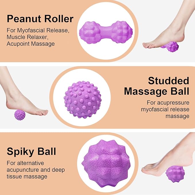 Massage Ball Set, Plantar Fasciitis Relief Foot Pain Therapy - Trigger Point, Heel Spur, Sore Muscle- Back, Arm, Neck, Shoulder, Leg Circulation Roller